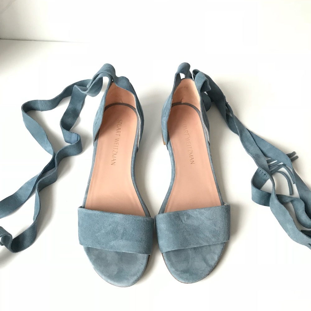 Stewart Weitzman Blue Suede Corbata Wrap Fringe Ankle Tie Sandal Flats